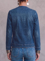 Women's Cardigan Collar Long Sleeve Casual Loose Round Metal Hollow Out Denim Cardigan