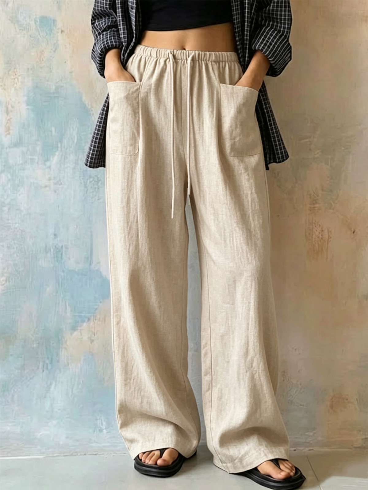 Women's Solid-color High-waisted Wide-leg Casual Pants With Drawstring