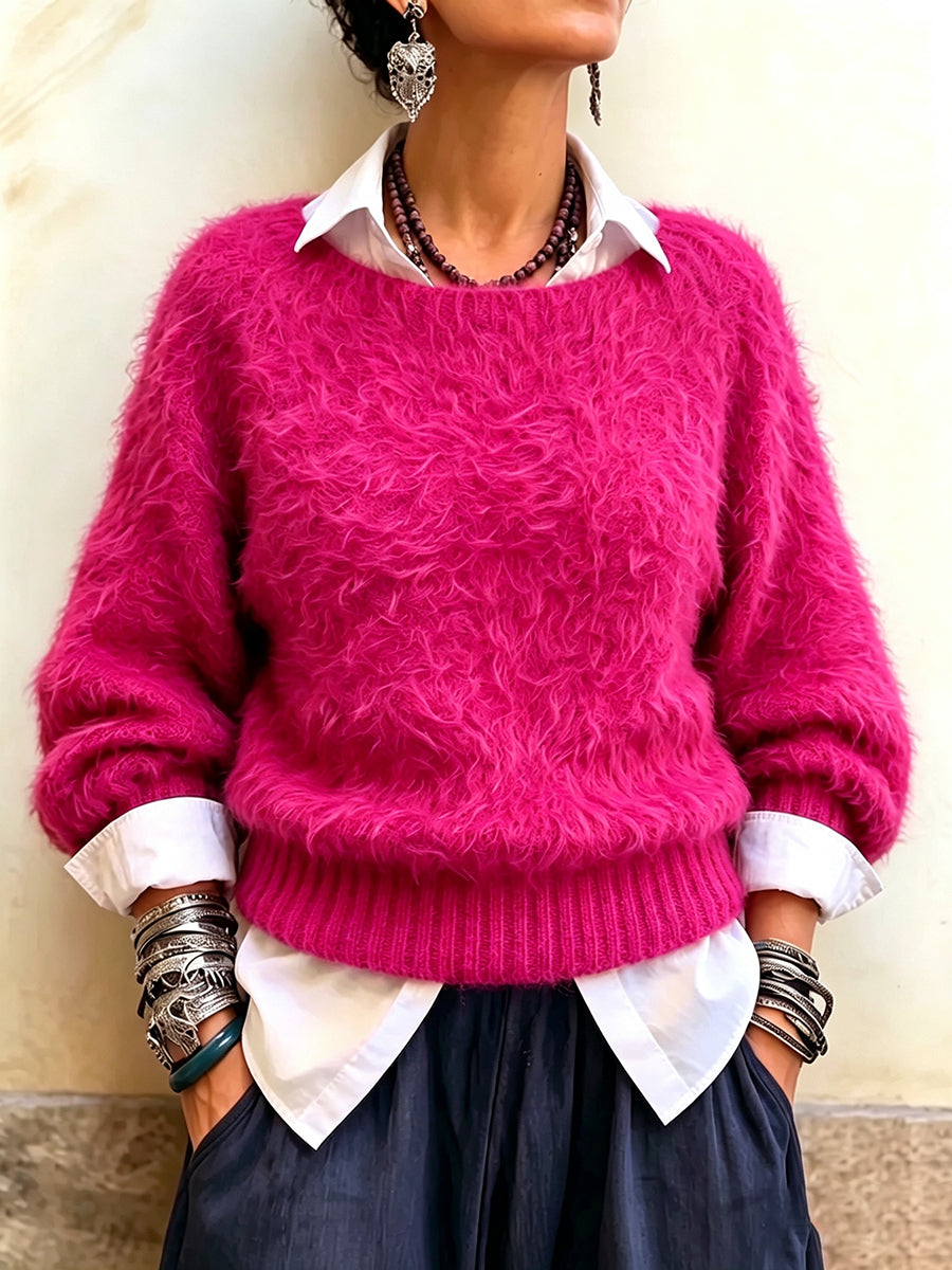 Cozy Layered Fuzzy Mohair Knit Sweater