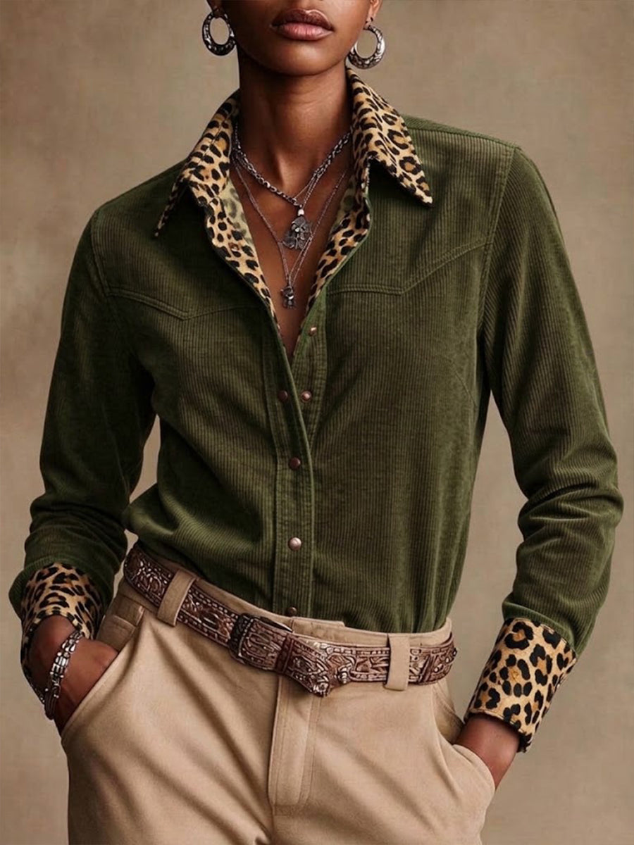 Lässiges Patchwork-Hemd aus Cord und Leopardenmuster