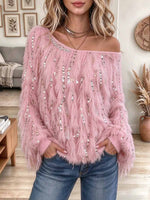 Maglione da donna decorato con soffici paillettes monospalla