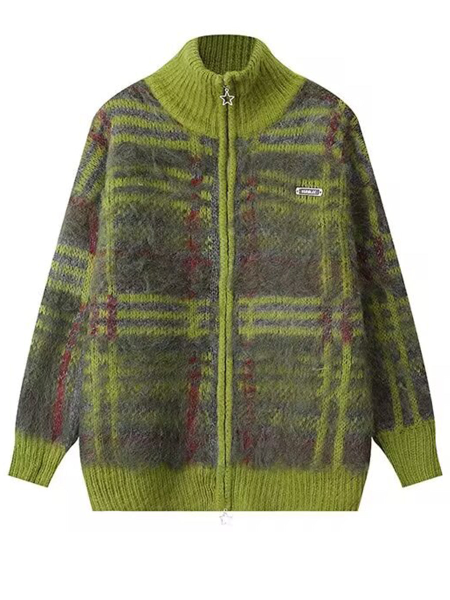 チェック プラッシュ モヘアブレンド ジップアップ カーディガン