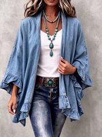 Chic Boho Denim Ruffle Trim Cardigan