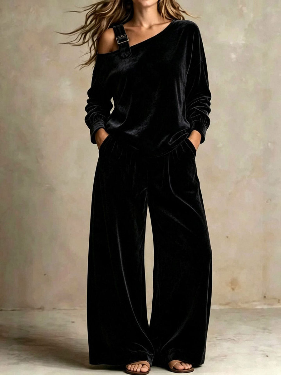 Women's Solid Color Off-shoulder Long-sleeve High-waisted Wide-leg Pants Velvet Set (loose Fit)