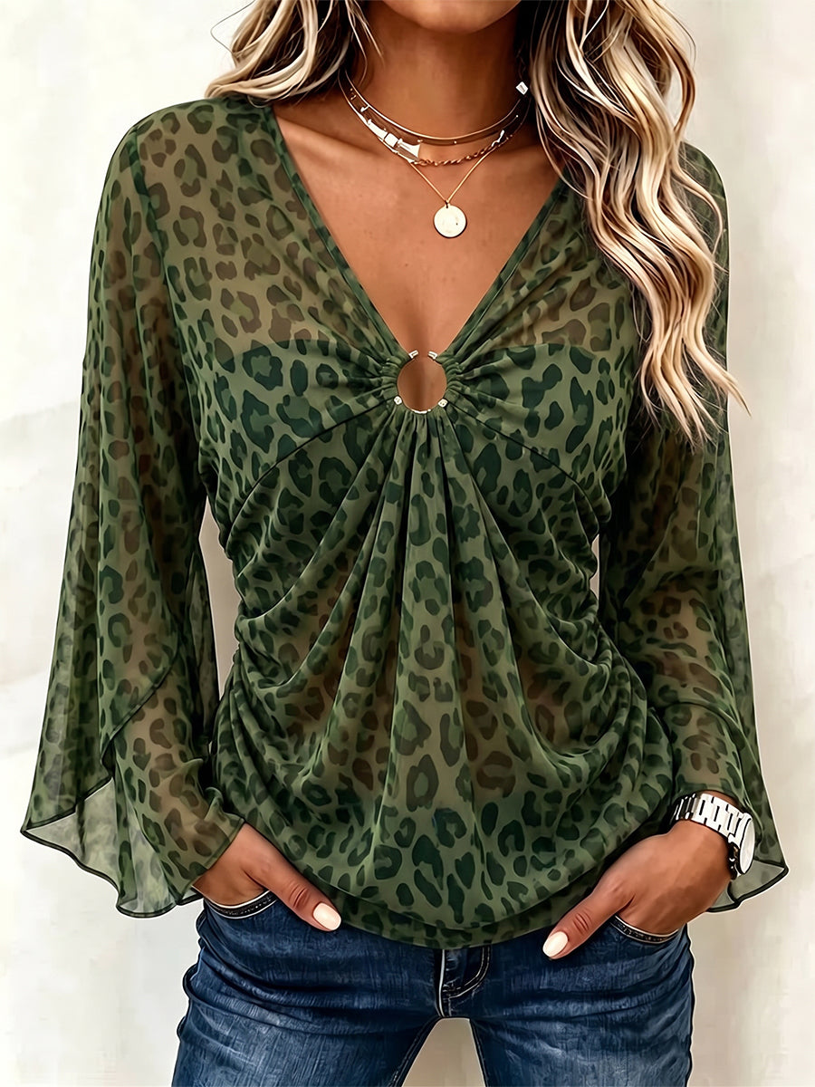Fierce Leopard Print Ring-Accented V-Neck Top
