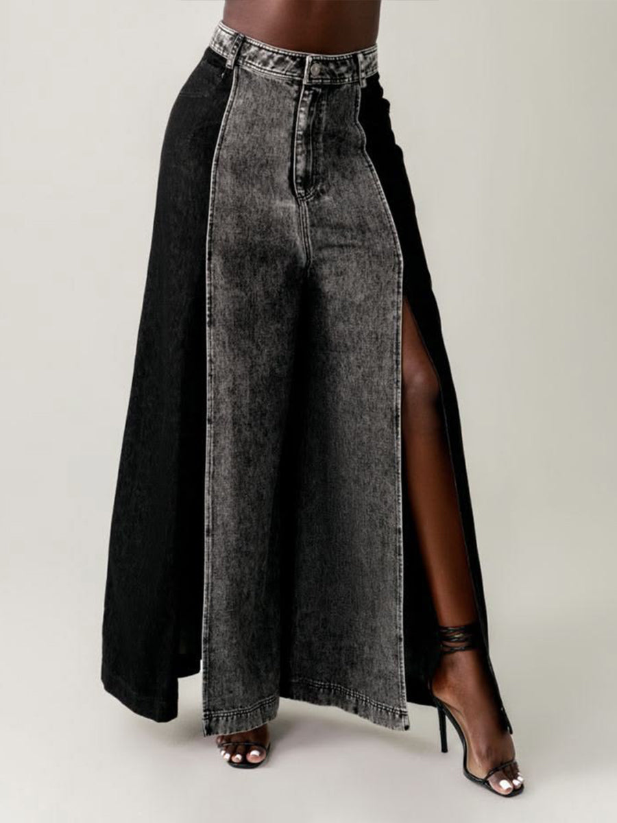 Edgy Two-Tone Denim High-Slit Wide-Leg Pants