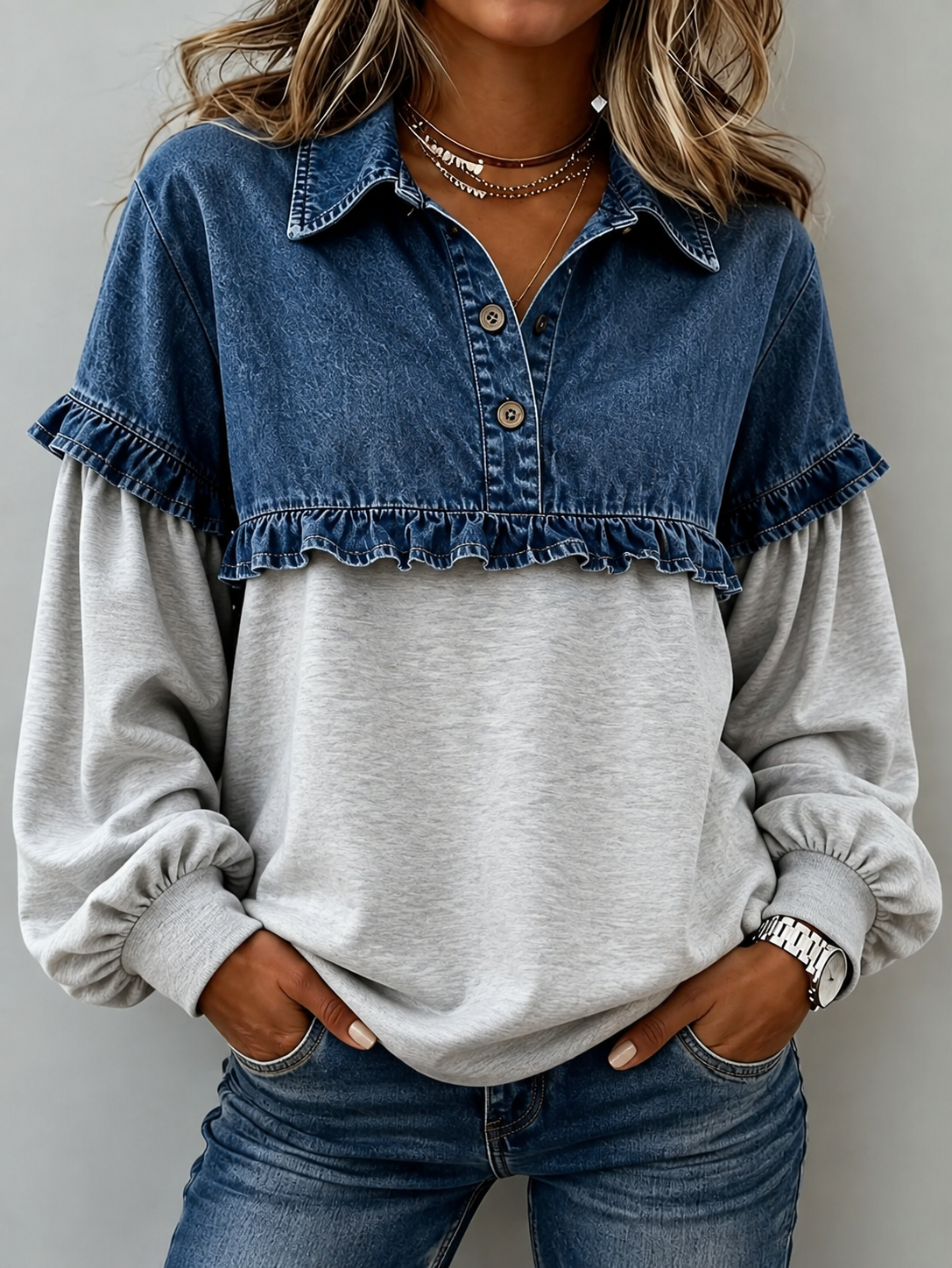 Casual Long-sleeve Knit Top With Denim Ruffle Splicing