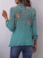 Vintage-style Paisley Gradient Print Ruffled Linen-cotton Jacket