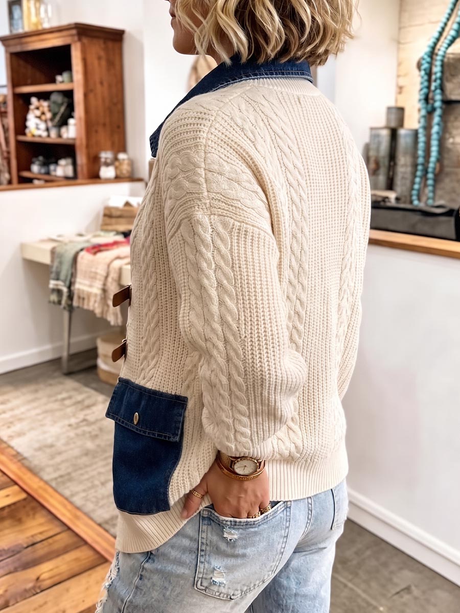 Damen-Strickjacke aus Denim mit Zopfmuster