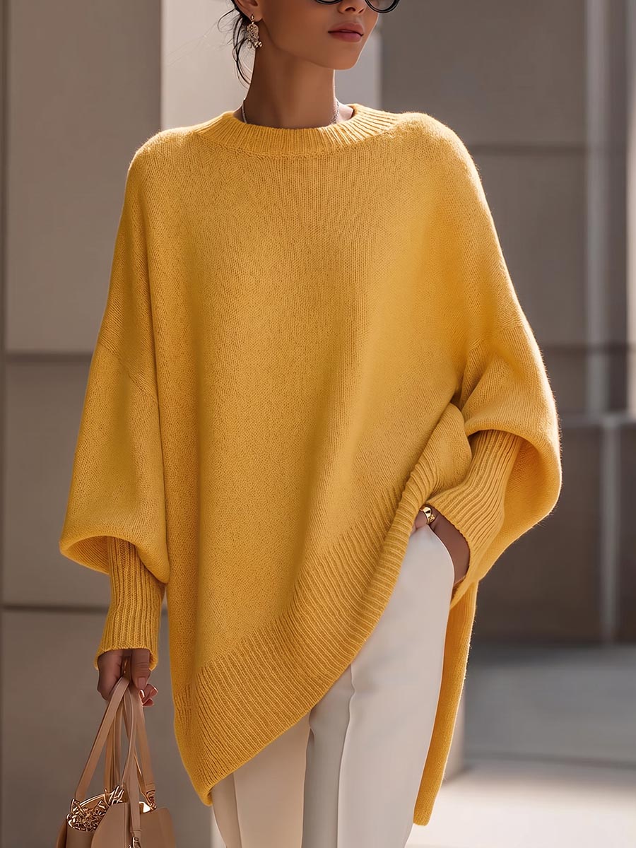 Women's Solid Color Round Neck Long-sleeved Casual Loose Knit Sweater