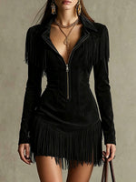 Minivestido estilo western con flecos y cremallera de ante sintético