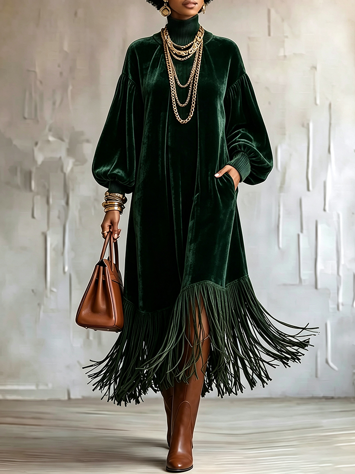 Elegant Velvet Turtleneck Fringe Hem Long Sleeve Dress
