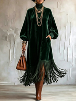 Elegant Velvet Turtleneck Fringe Hem Long Sleeve Dress