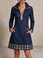 Women's Long-sleeved Casual Loose Denim Dress With Gold Trim And Metallic Eyelets