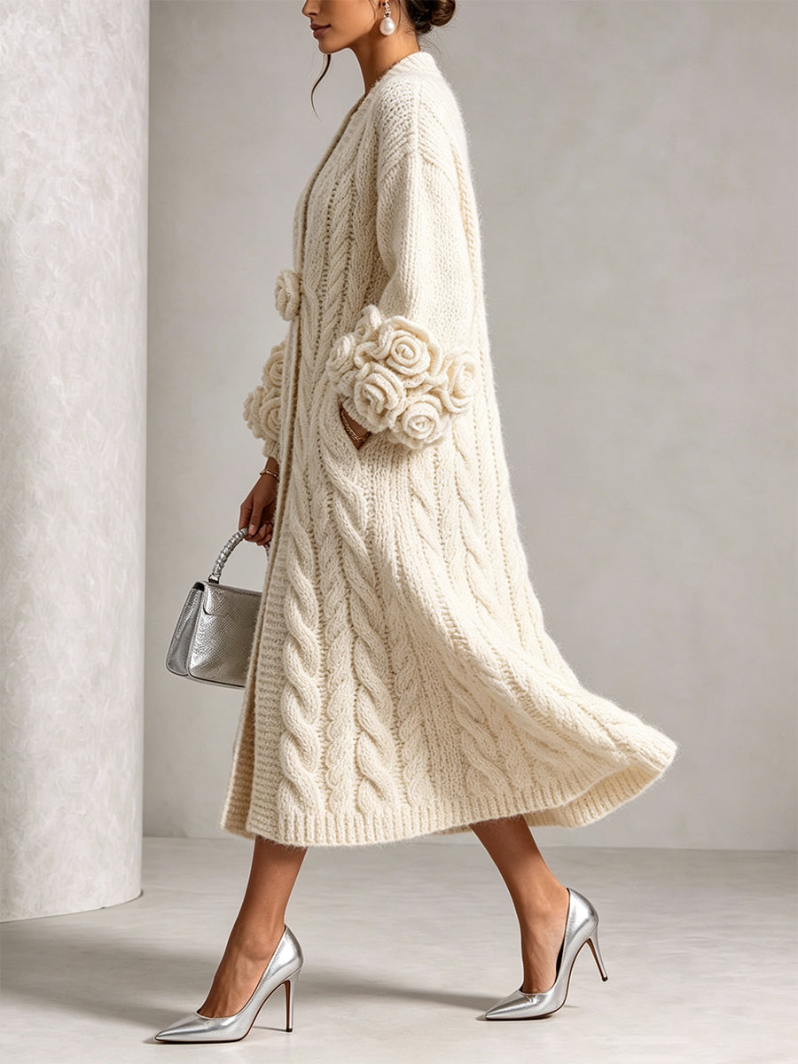 Chic Cream Floral Accented Cable-Knit Cardigan