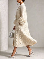 Chic Cream Floral Accented Cable-Knit Cardigan