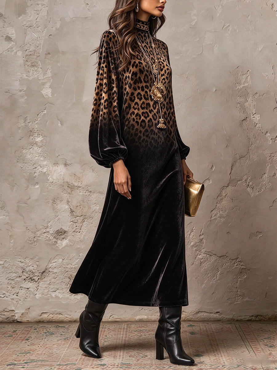 Vestido largo de terciopelo con estampado de leopardo degradado