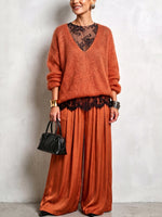 Cozy Lace Long Sleeve T-shirt And Mohair Knit Sweater Two Piece Set