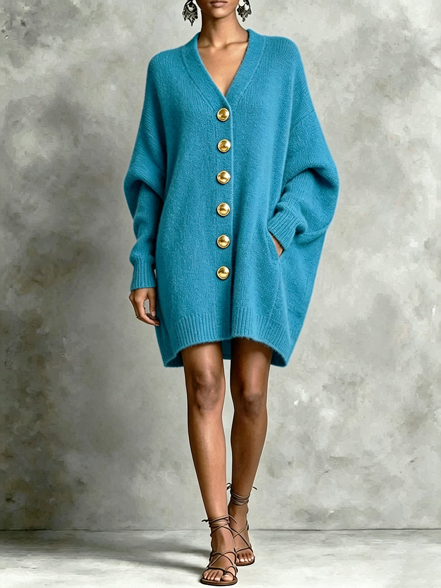 Relaxed-fit V-neck Knit Cardigan Dress With Gold Buttons