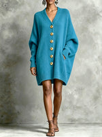Relaxed-fit V-neck Knit Cardigan Dress With Gold Buttons