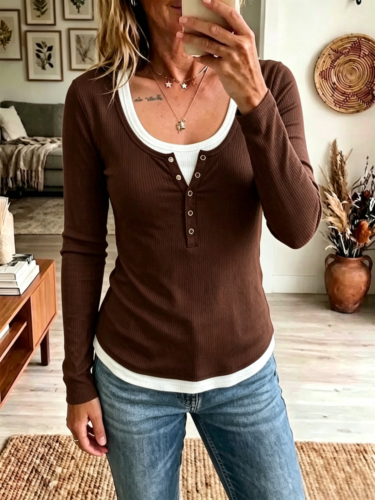 Chic Ribbed Knit Top Featuring A White Knit "faux-layered" Panel Design.