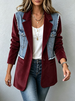 Chic Corduroy And Denim Color-block Blazer