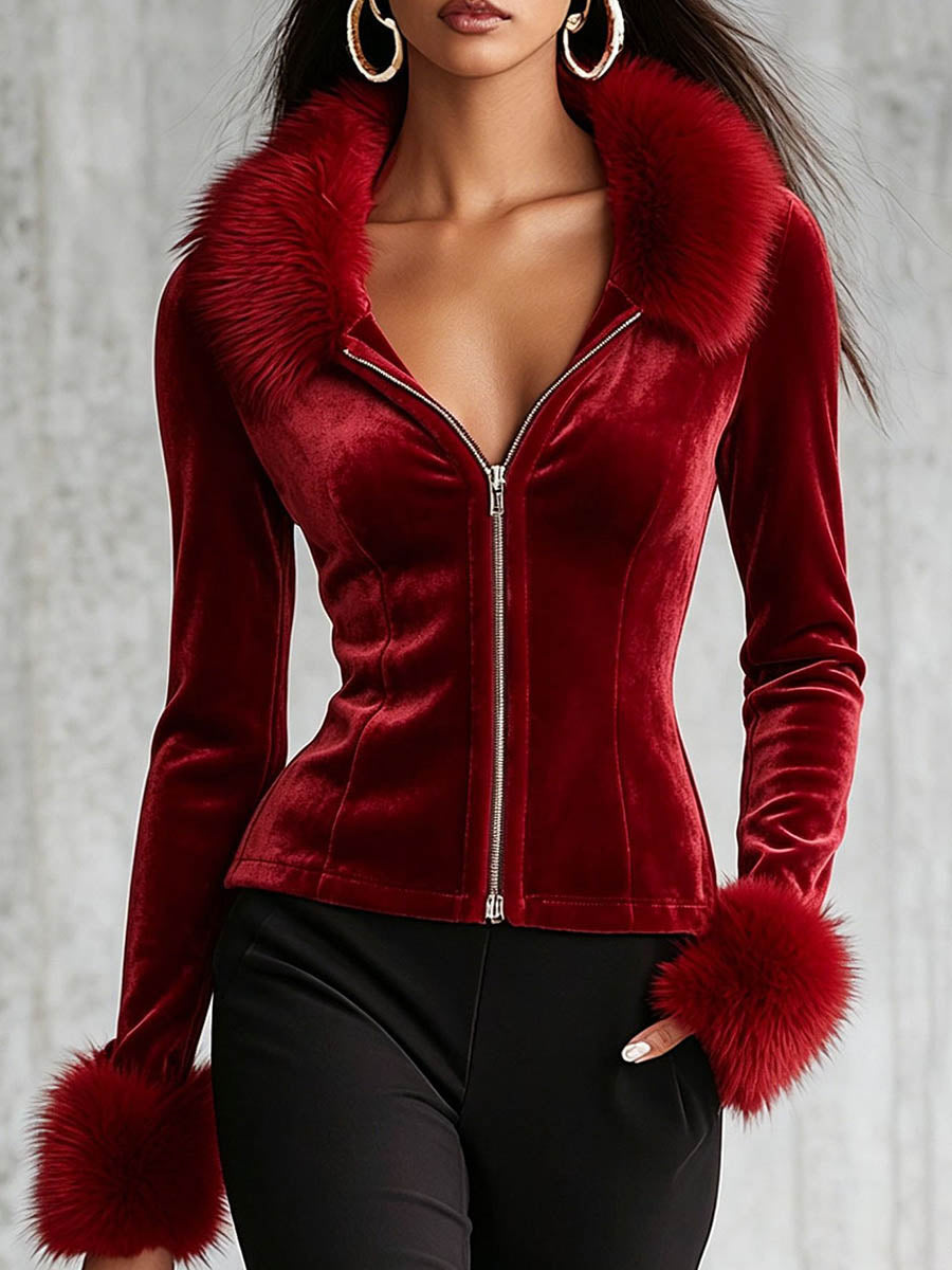 Glamour giacca con zip in velluto rosso con finiture in pelliccia sintetica