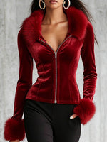 Glamour giacca con zip in velluto rosso con finiture in pelliccia sintetica