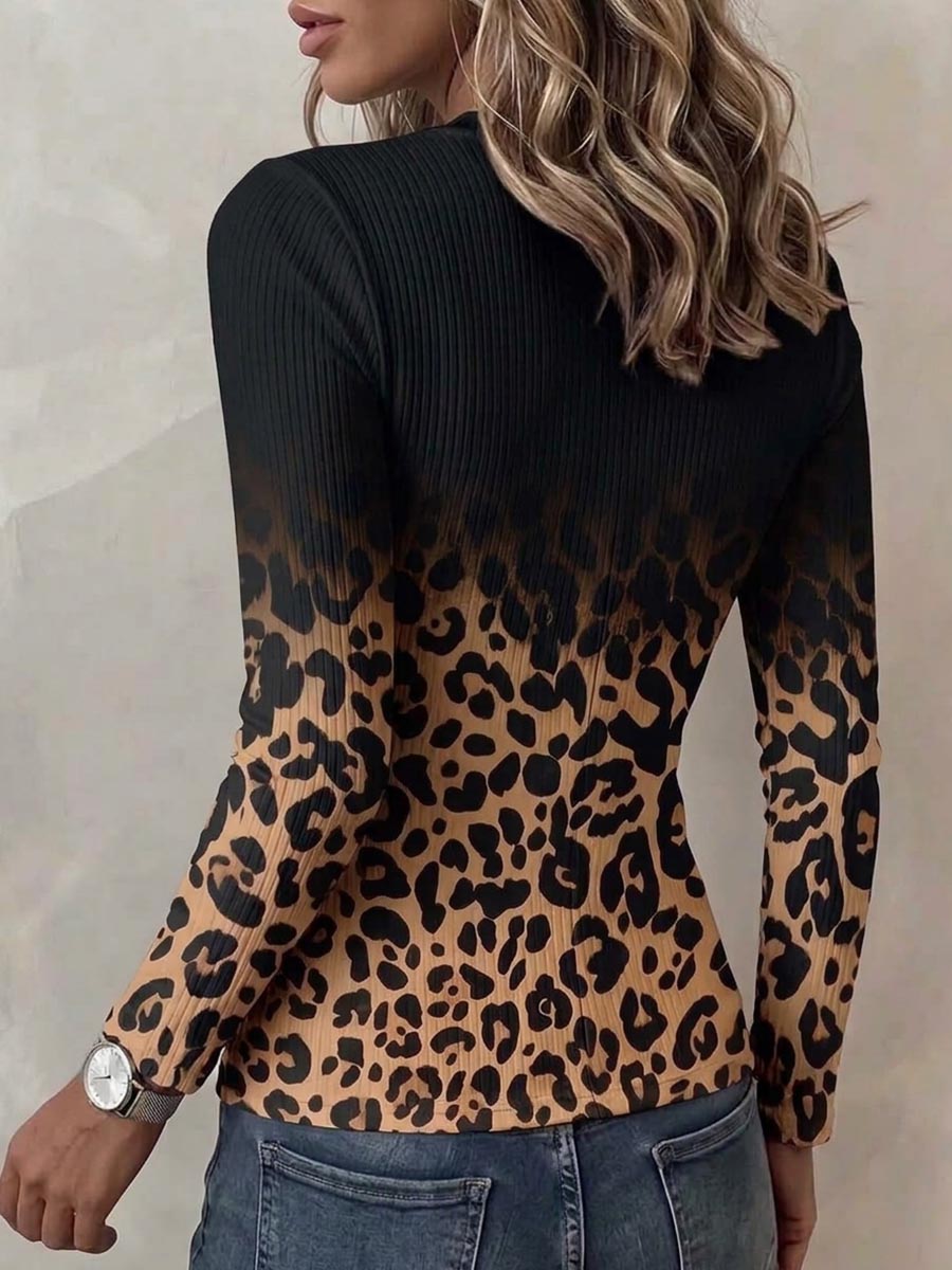 Virina Gradienta Leoparda Presaĵo Eltranĉita Kreba Kolo Laĉa Longa maniko Svelt-konforma Casuala Supraĵo