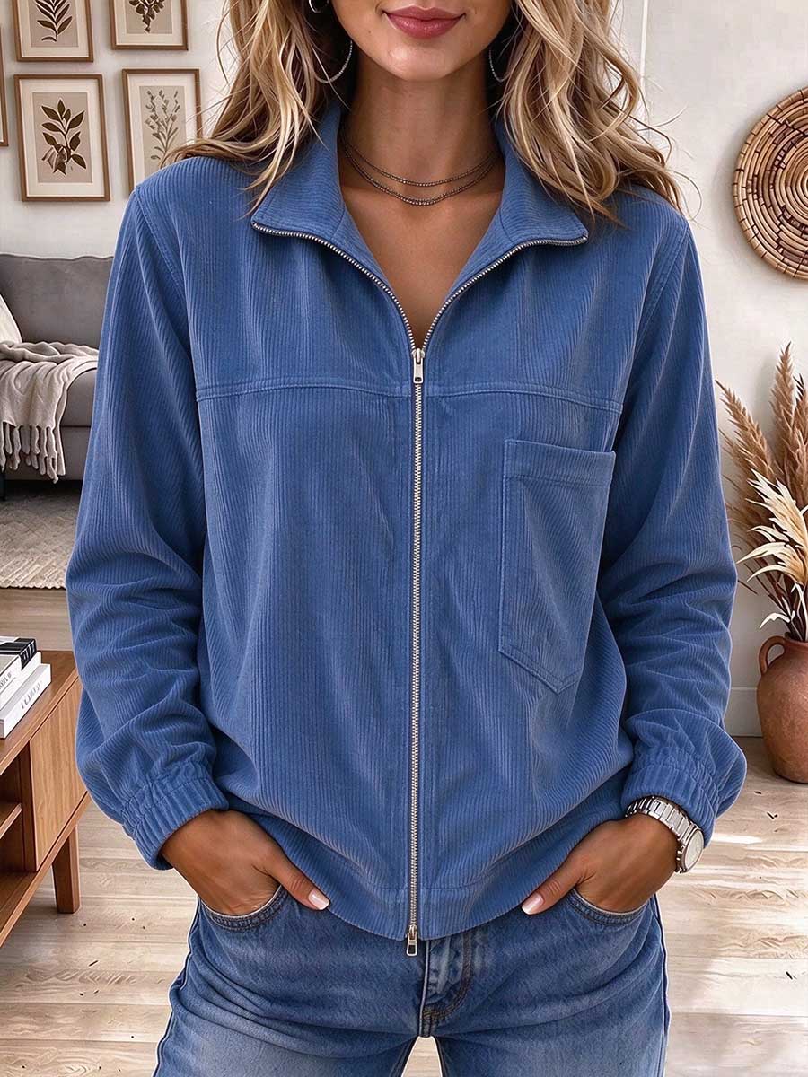 Giacca casual da donna con zip in velluto a coste blu con tasca sul petto