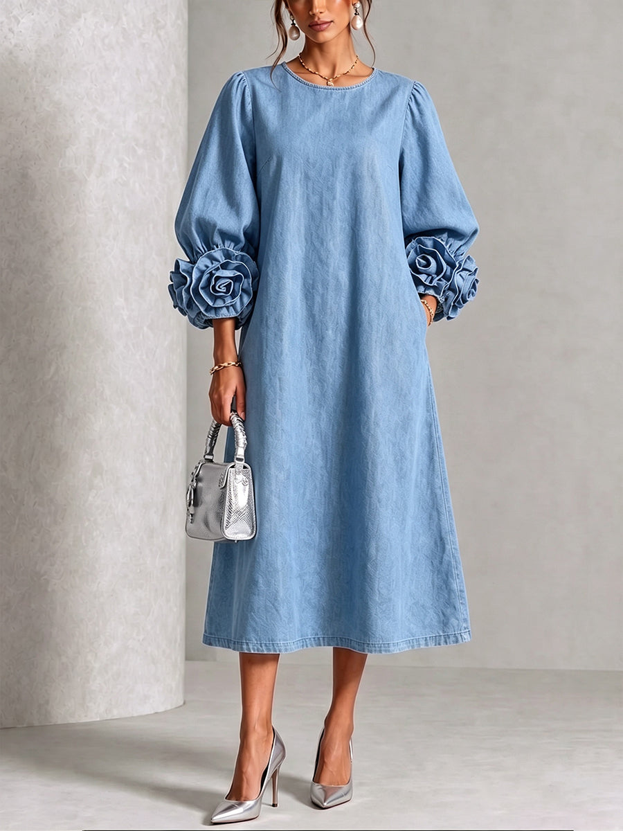 Chic Chambray Denim 3D Rosette Sleeve Midi Dress