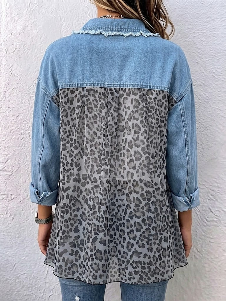 Casual Paneled Leopard-print Denim Shirt Jacket