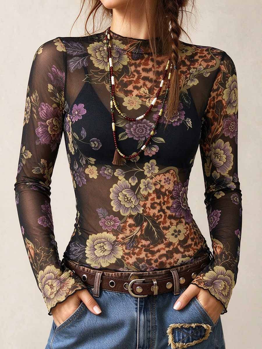 Women's Sheer Mesh Mock Neck Floral Animal Print Top