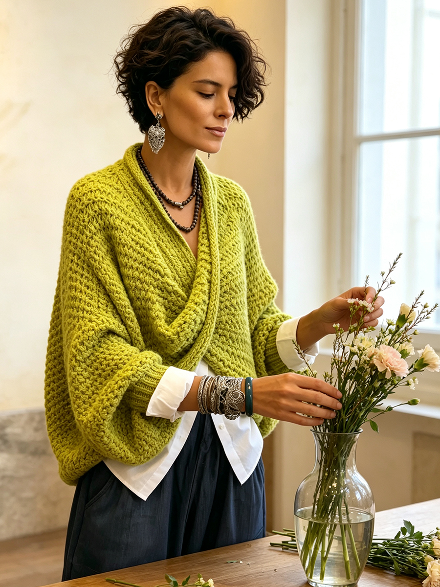 Cozy Relaxed Batwing Sleeves Crossover V-neck Sweater