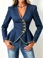 Chic Gold-tone Stretchy Denim Peplum Blazer Jacket