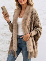 Women's Faux Mink Fur Knit Cardigan – Long-sleeve, Loose-fit, Leopard Print With Tassels