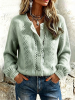 Elegant Crochet-trimmed Pointelle Knit Sweater Cardigan