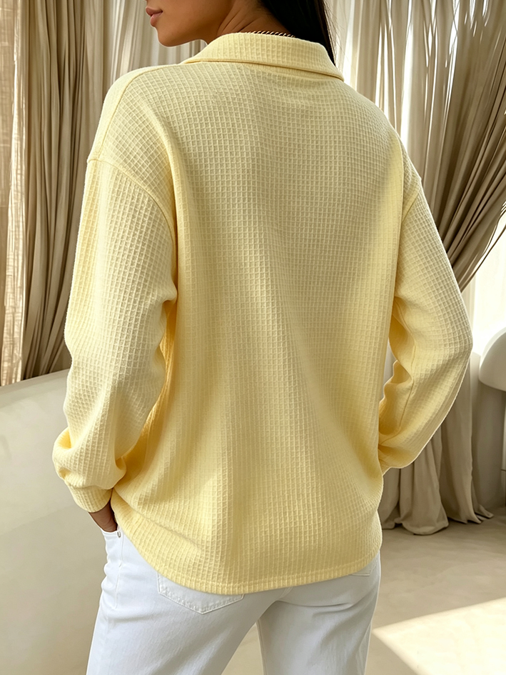 Chic Cozy Yellow Waffle-knit Button-up Shirt