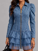 Women's Collared Long-sleeved Casual Loose Denim Patchwork Dress