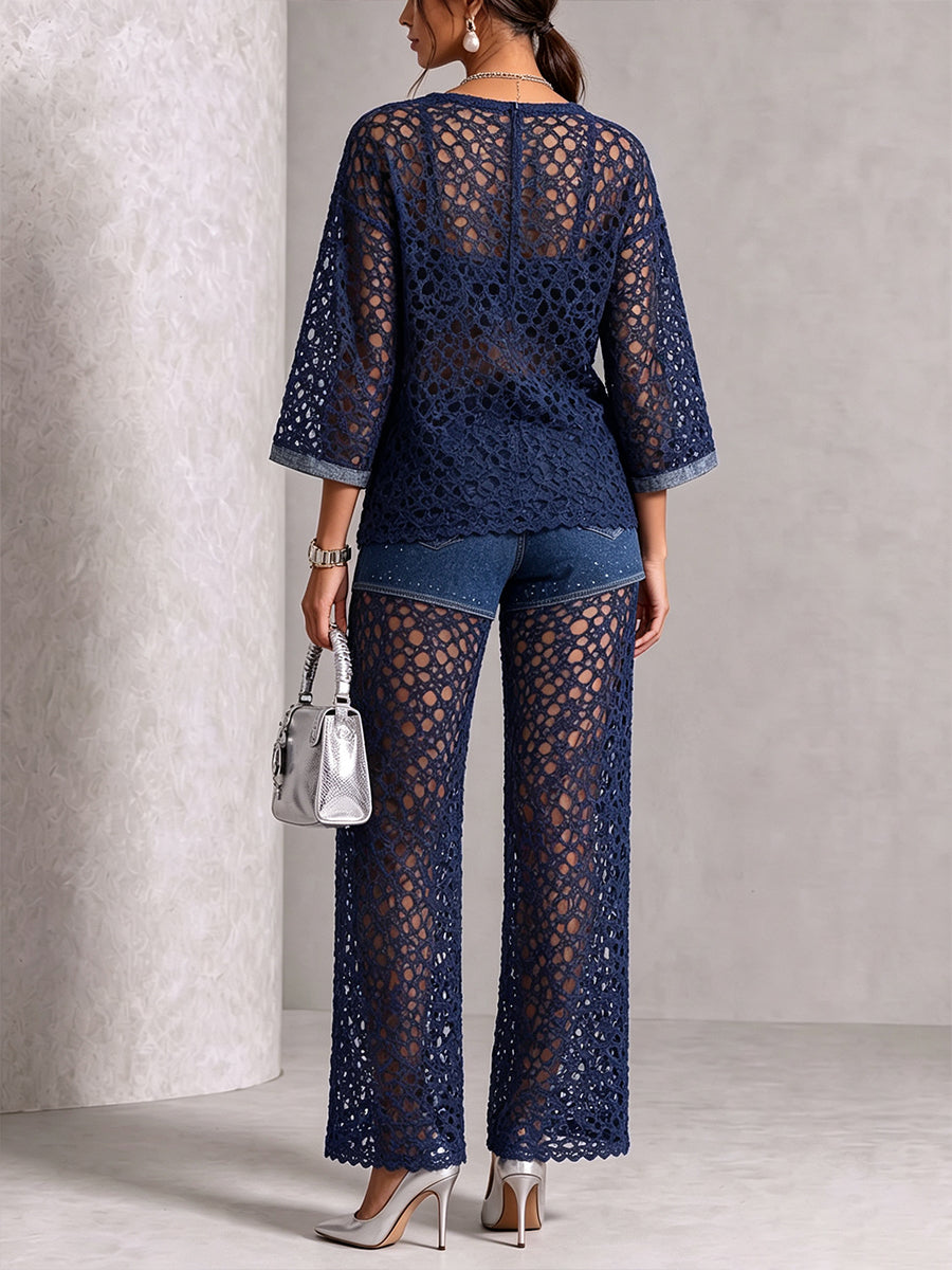Chic Denim-Inspired Crochet Two-Piece Set
