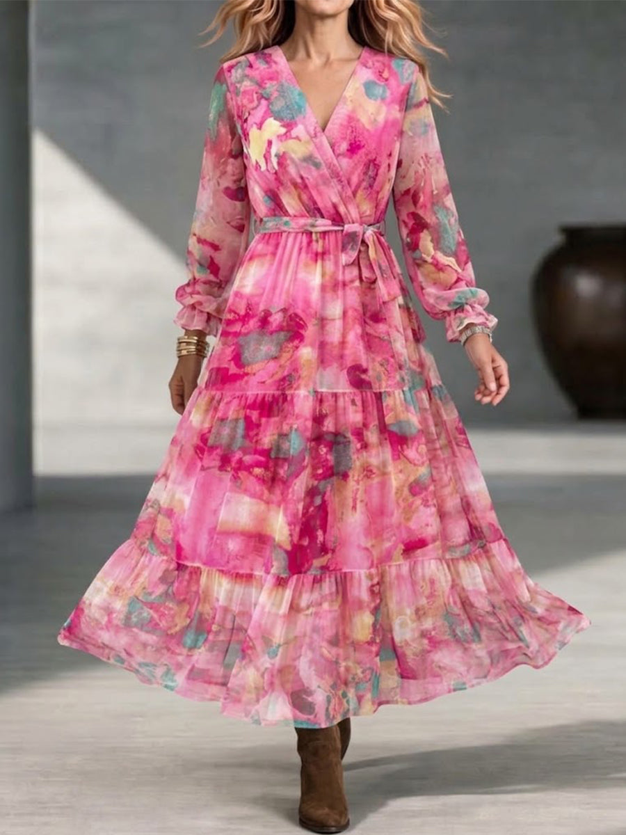 Vestido largo con cuello en V, estilo cruzado, estampado de acuarela, mangas largas con volantes y falda voluminosa