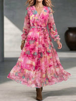 Vestido largo con cuello en V, estilo cruzado, estampado de acuarela, mangas largas con volantes y falda voluminosa