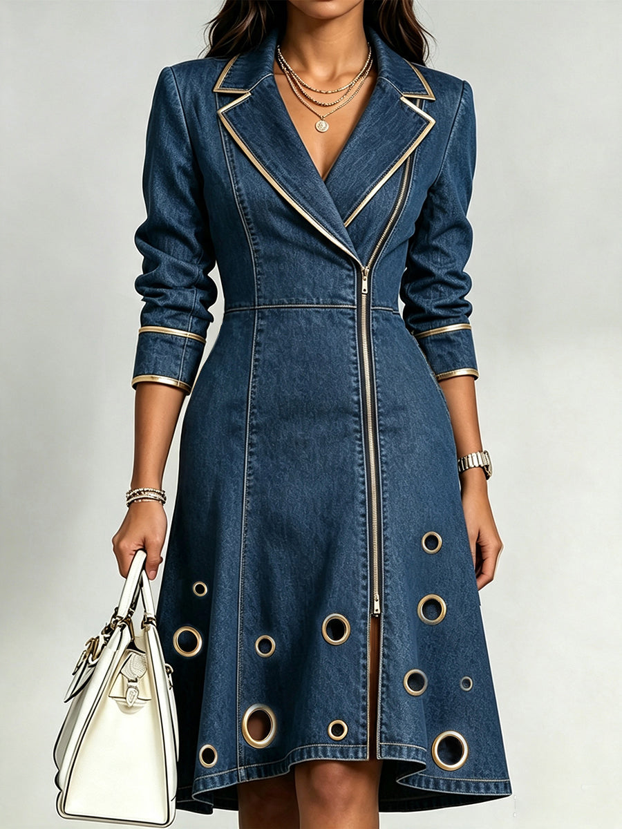 Stylish Slim-fit Denim Zip-front Dress Featuring Gold Piping And Metal Eyelet Details.