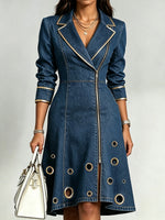 Stylish Slim-fit Denim Zip-front Dress Featuring Gold Piping And Metal Eyelet Details.