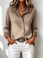 Stylish Plaid Leopard Contrast Long-sleeve Cotton Shirt Top
