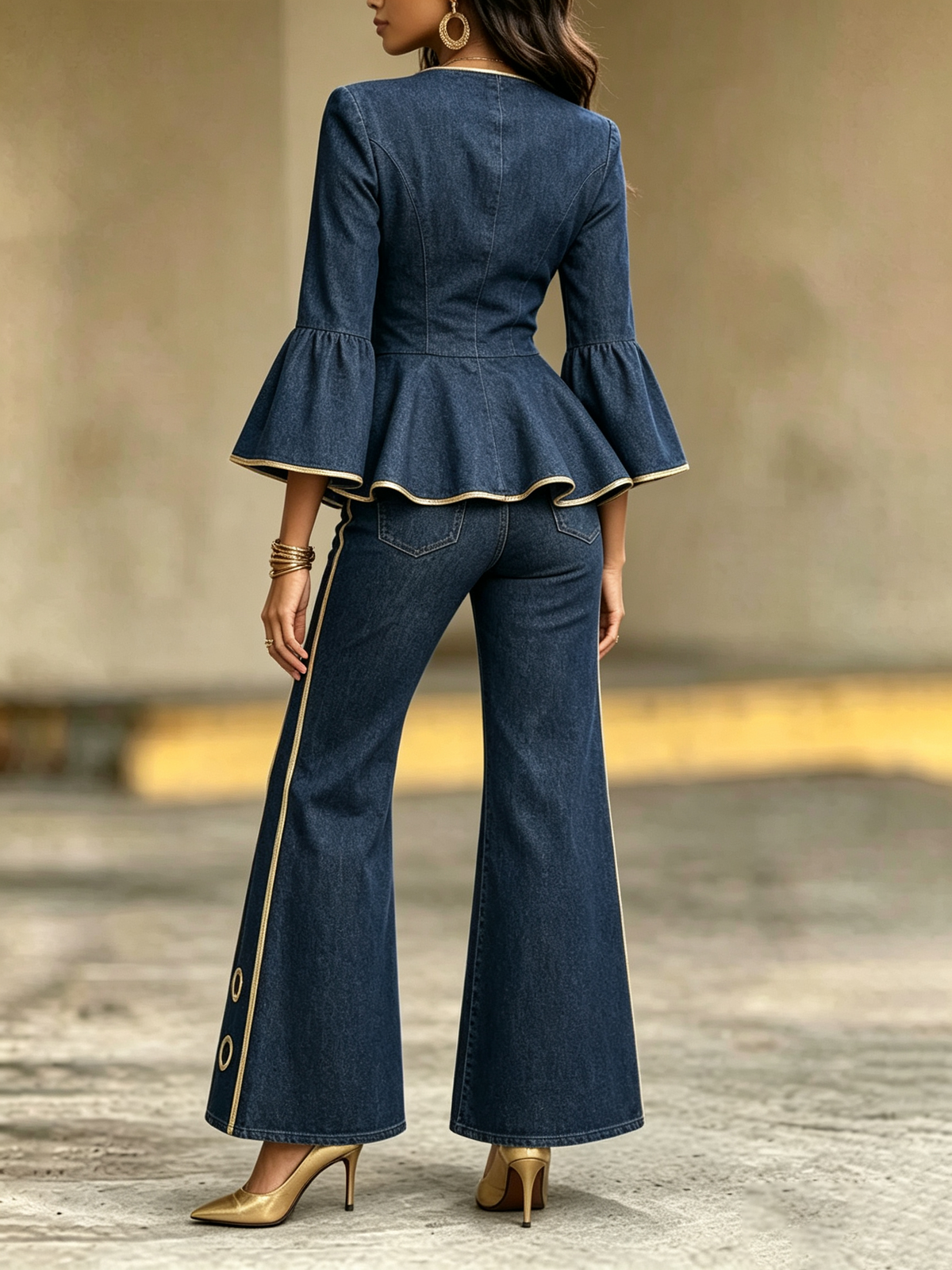 Retro-chic Stretch Denim Flare Jeans With Metallic Gold Accents