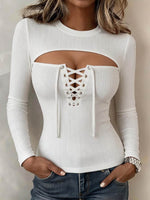 Women's Solid Color Crew Neck Long-sleeve Casual Knit Top With Wide Cut-outs And Lace-up Detail