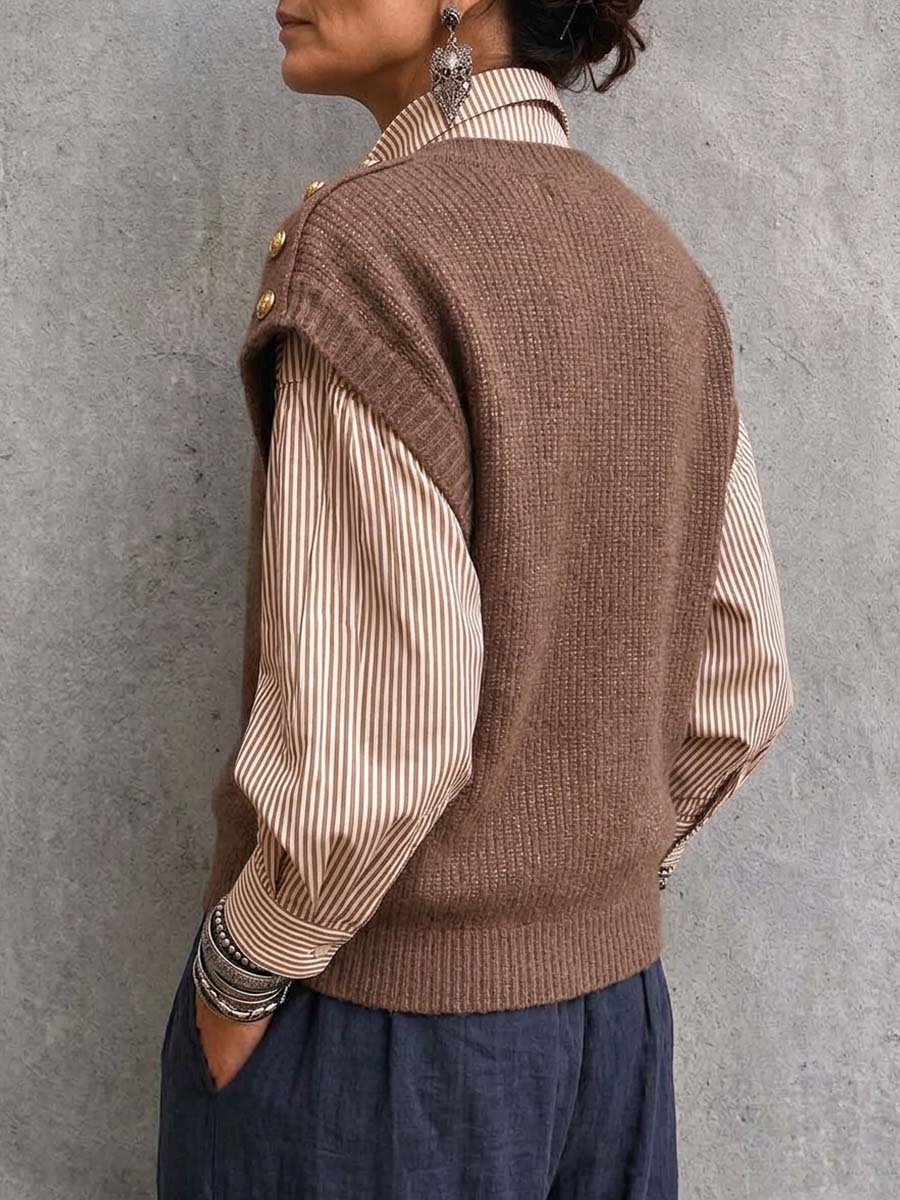 Retro Slouchy Dark Brown V-neck Knit Vest & Striped Long-sleeve Shirt Two-piece Set