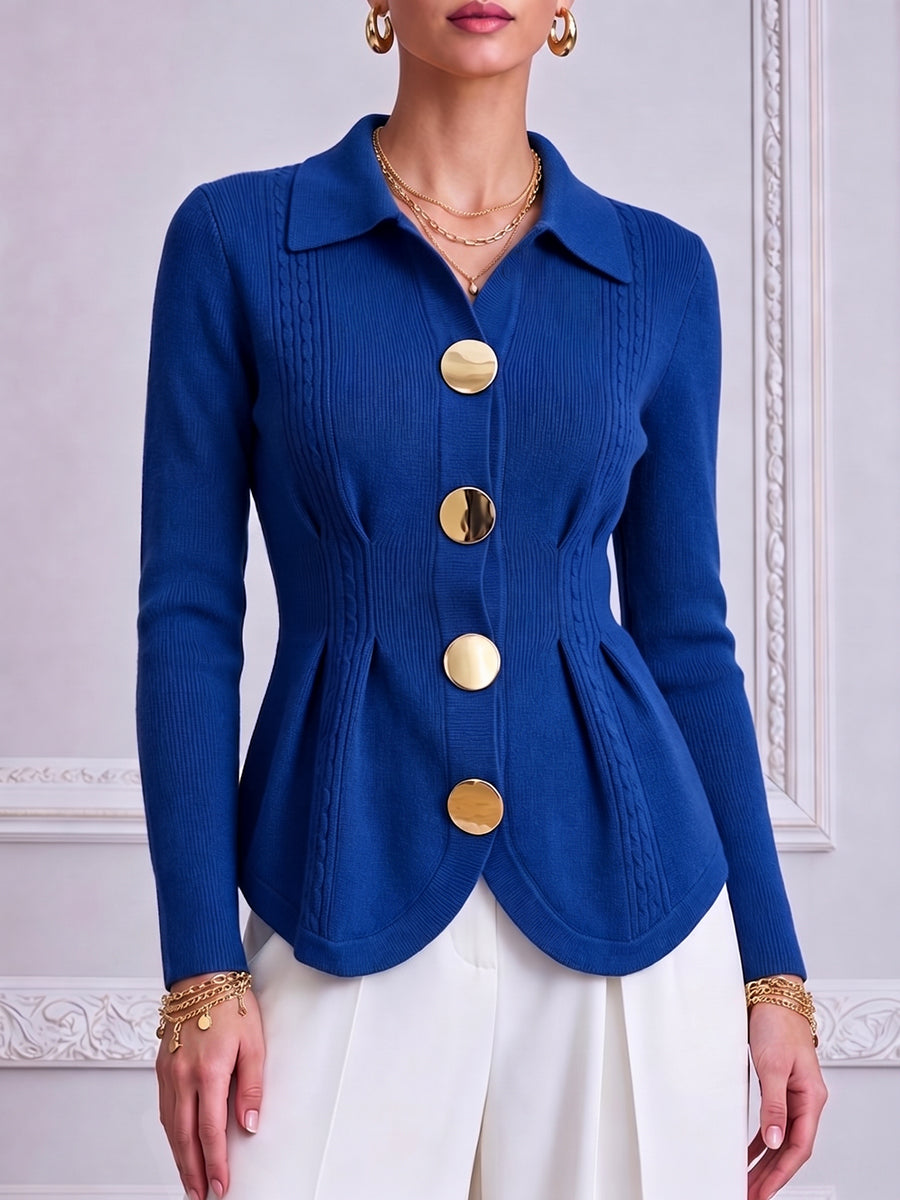 Elegant Royal Blue Gold-Button Knit Cardigan