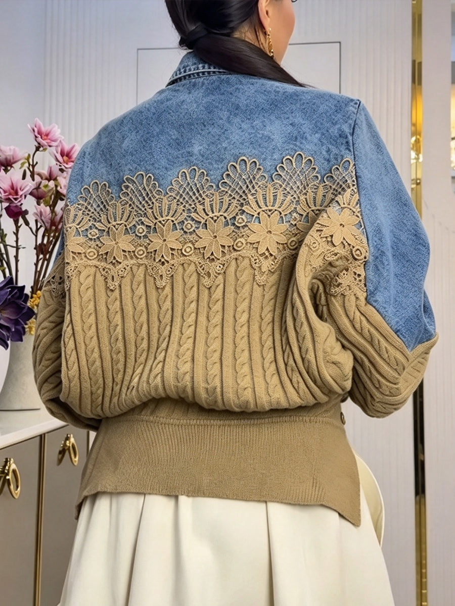 Schicke gespleißte Wendejacke aus Denim und Zopfmuster